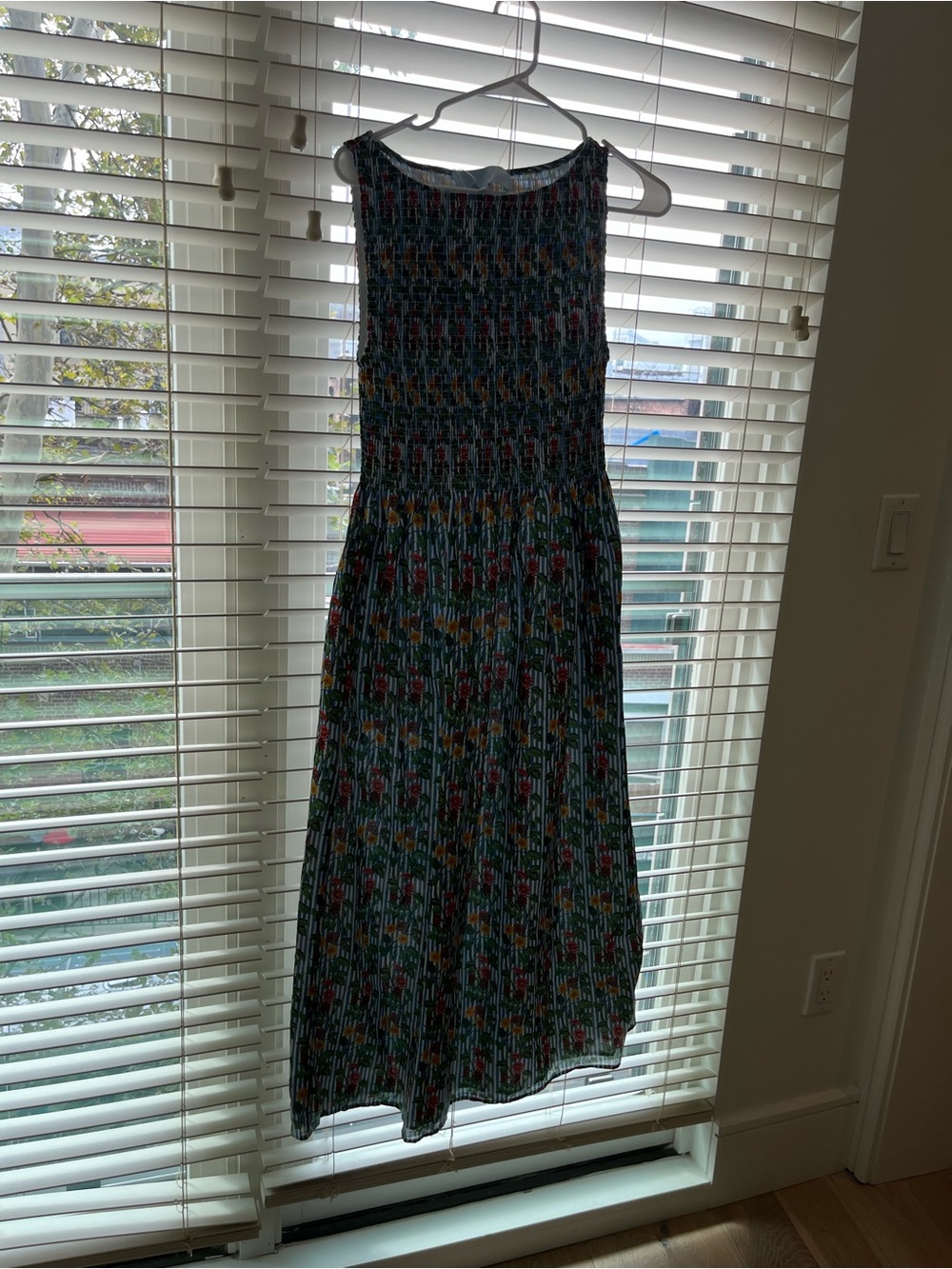 Hill House Floral Smocked Midi Dress in Blue, Red & Yellow